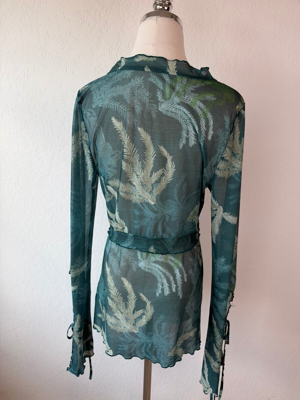 SHEIN Sheer Mesh Floral Tie Top Long Sleeve Green Whimsigoth Fairy size Medium - Picture 6 of 10
